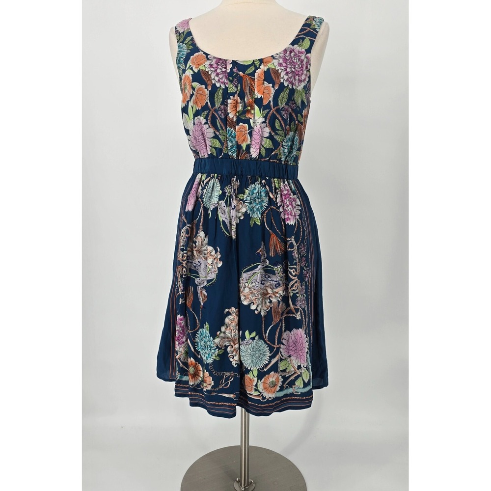 Moulinette Soeurs Dress Women Small Teal Silk Floral Equestrian Sleeveless Scoop